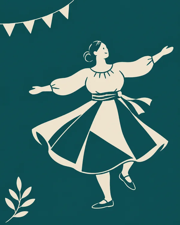 A stylized ivory folk dancer in a flaring, angular-panel skirt balances on one foot with the other raised, arms outstretched against a dark teal background.