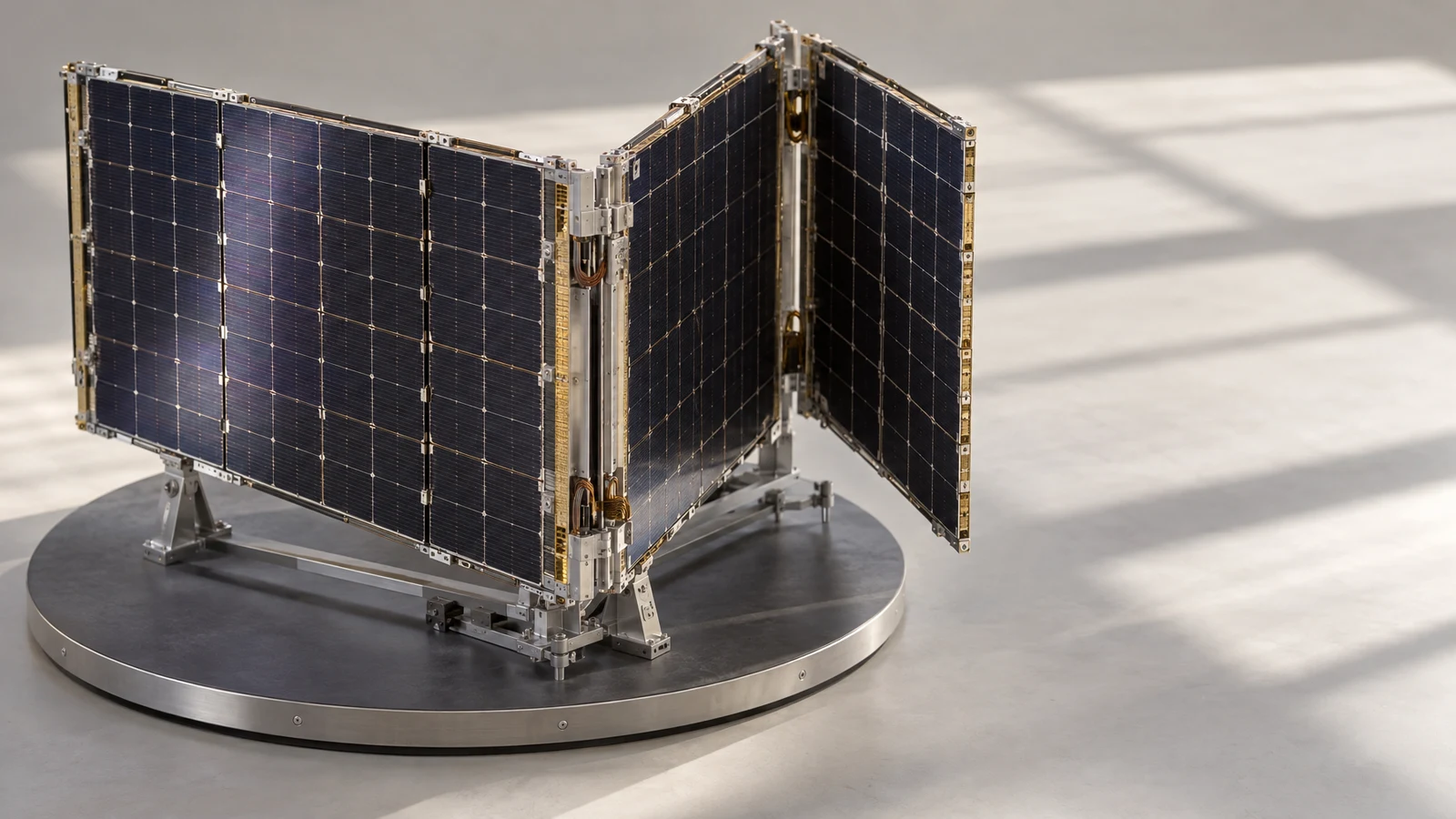 A three-panel dark photovoltaic spacecraft wing stands partly unfolded on a metal support cradle atop a circular studio turntable, against a pale gray…