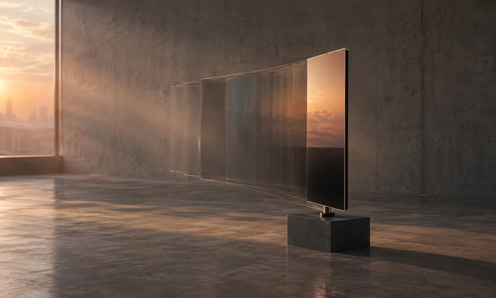 A dark, narrow rectangular display panel stands on a small spindle above a charcoal plinth in a sunlit concrete room.