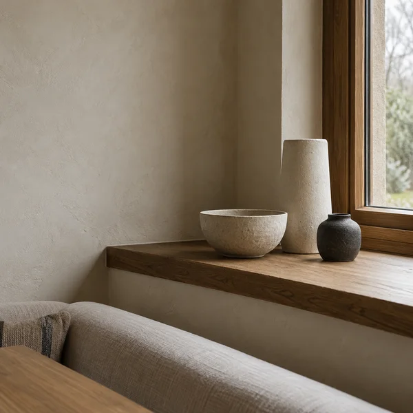 Three matte ceramic pieces—a tall pale vase, a low speckled bowl and a small dark vessel—sit on a deep oak window ledge against textured plaster.