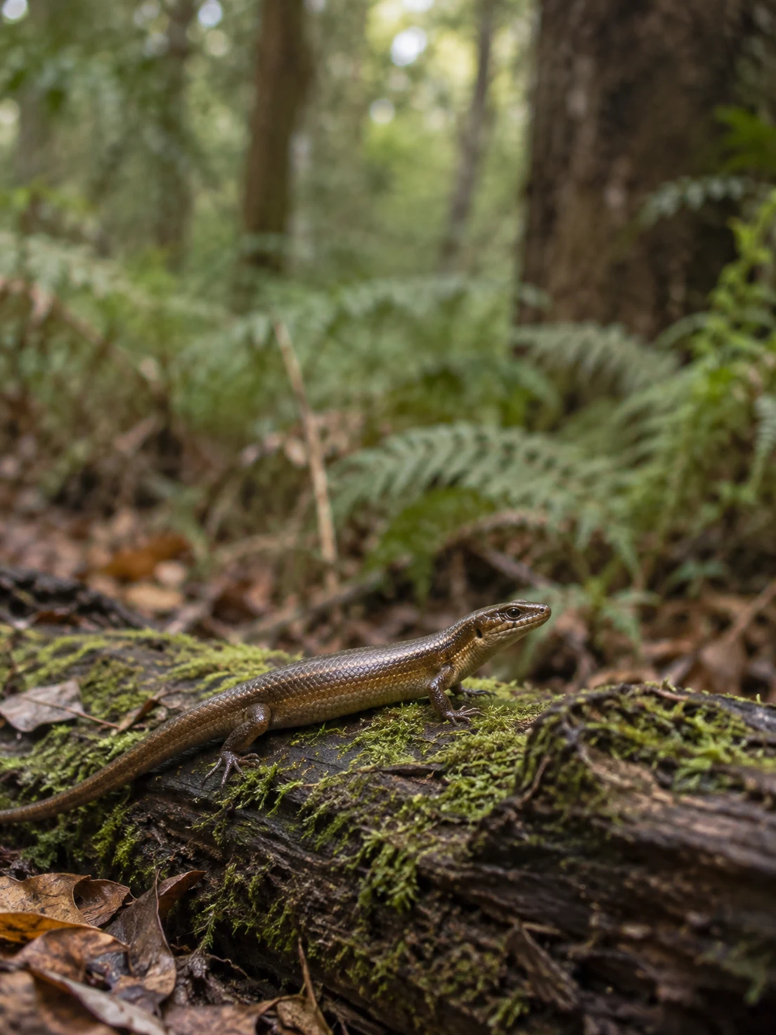 A glossy bronze-brown skink rests with its head raised on a moss-covered fallen log in a damp woodland, with softly blurred ferns and trees behind it.
