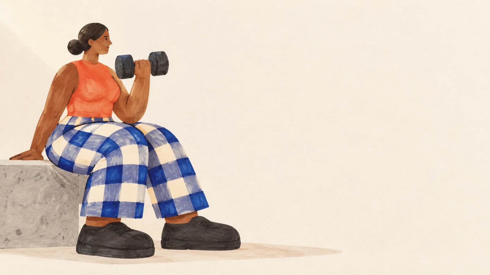 A woman in a coral sleeveless top and blue-and-cream checked trousers sits on a concrete ledge, holding a dark dumbbell near her shoulder, with oversized dark…