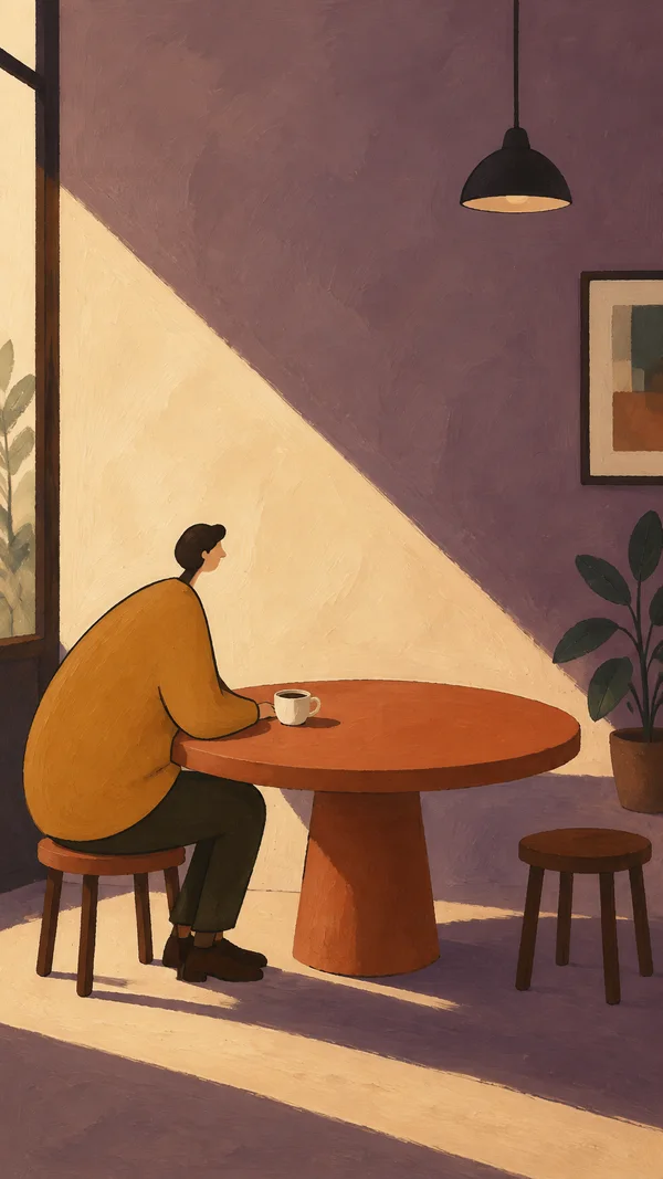 A short-haired visitor in an ochre garment sits on a wooden stool at a broad terracotta café table, with a small ivory cup nearby.