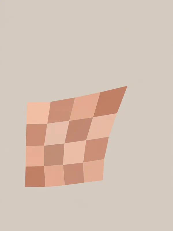 A compact 4-by-4 patch of peach and terracotta quadrilateral cells sits below centre on a warm-grey ground, with the grid slanting progressively toward the…