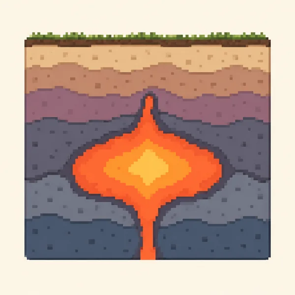 A pixel-style cutaway of layered earth on a pale cream background, with a large coral-orange magma chamber and golden center connected to a narrow channel…