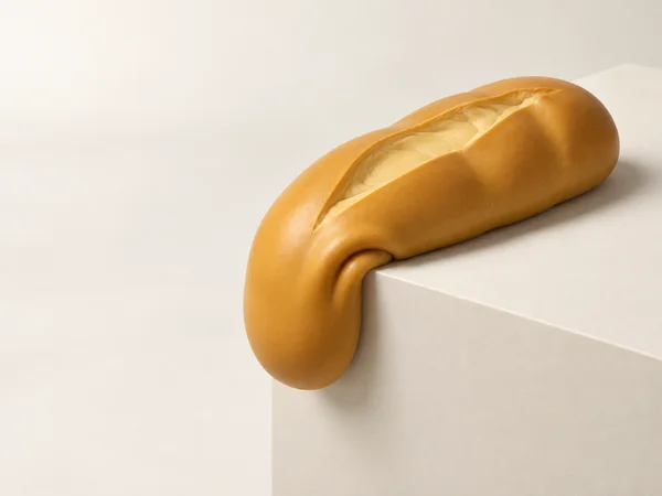 A golden-ochre oval loaf with a long pale split rests across the edge of an ivory rectangular plinth, its rounded end drooping over the side against a cream…