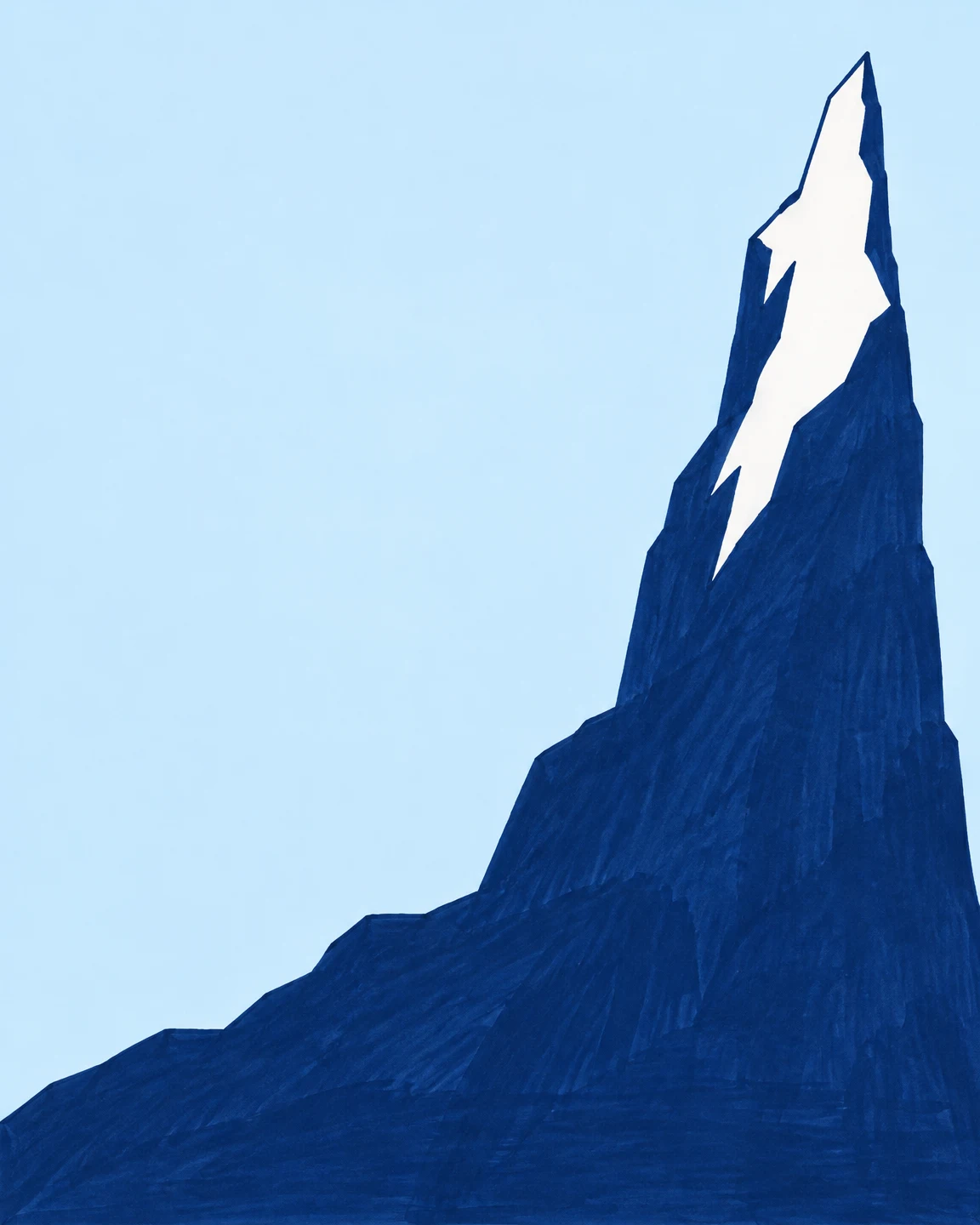 A tall, narrow, slightly leaning indigo mountain rises on the right above a broad base that spans the bottom edge, with a large jagged ivory snow shape against…