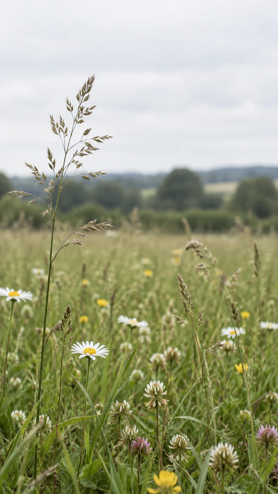 A tall seeding grass stem with feathery heads rises in the left foreground of a meadow, with daisies, clover and grasses below a hazy hedgerow and pale…