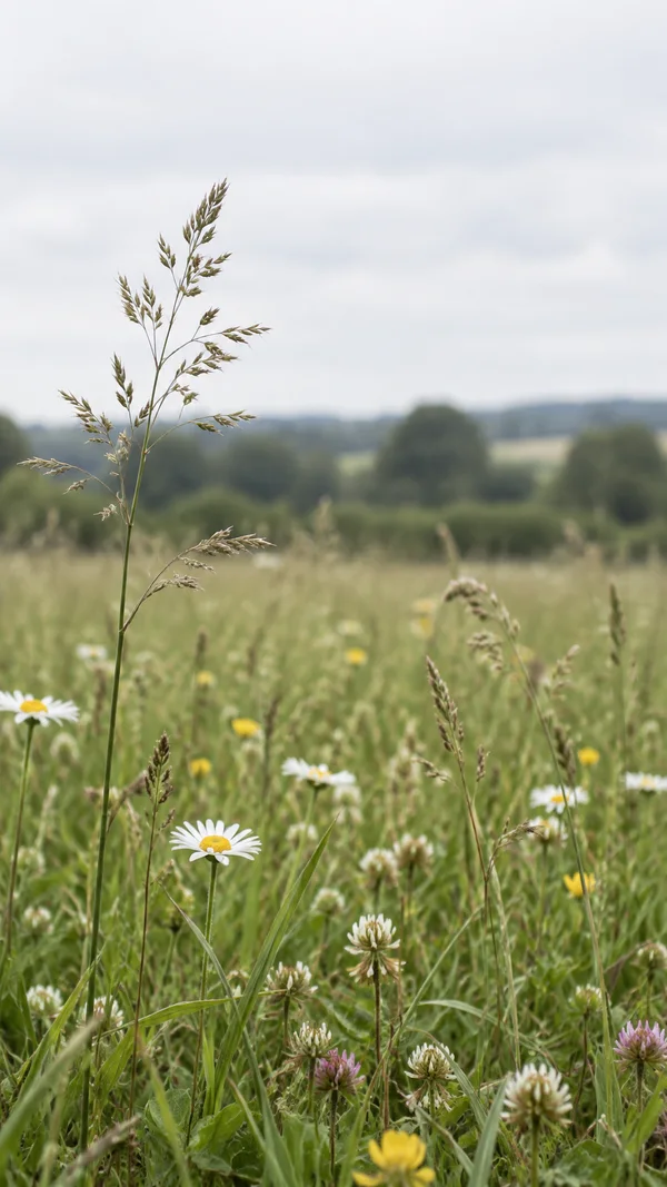 A tall seeding grass stem with feathery heads rises in the left foreground of a meadow, with daisies, clover and grasses below a hazy hedgerow and pale…