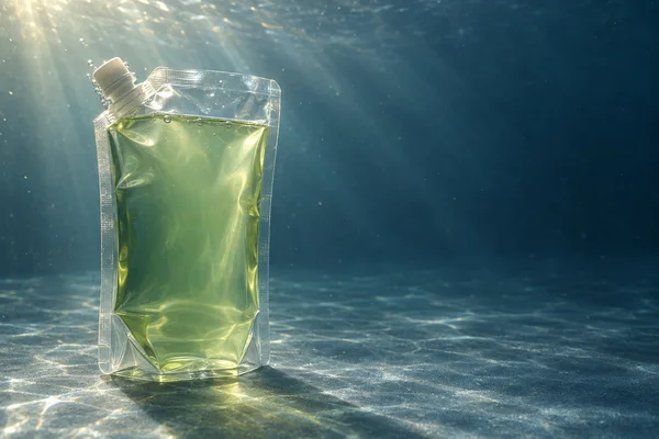A transparent stand-up pouch filled with pale green liquid stands on a blue-grey underwater floor, lit from the upper left with open dark water to the right.
