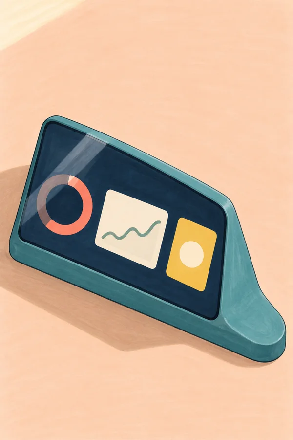 A teal wedge-shaped dashboard console sits diagonally on a pale peach tabletop, with a dark screen showing a coral progress ring, a cream sparkline tile and a…