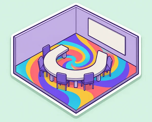 An isometric cutaway seminar room sits on a pale mint background, with lavender walls, a blank rectangular board, an ivory horseshoe table and violet chairs…