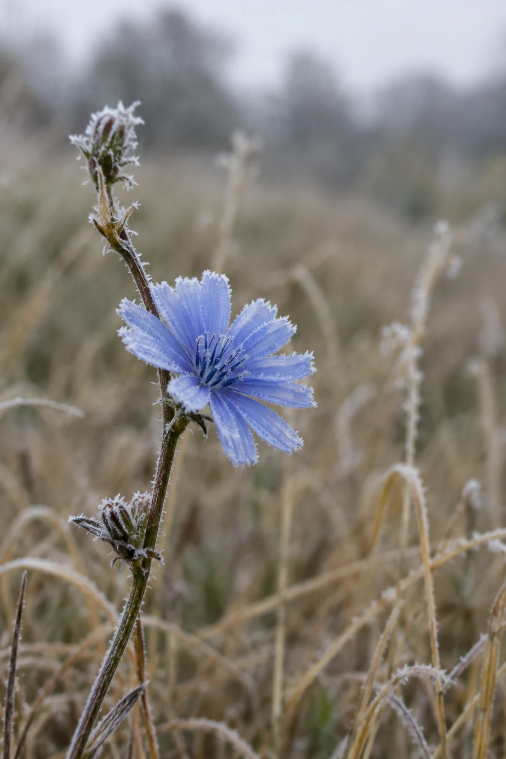 A frost-rimmed blue chicory flower on a curving stem stands among softly blurred straw-colored meadow grasses against a muted grey-green background.