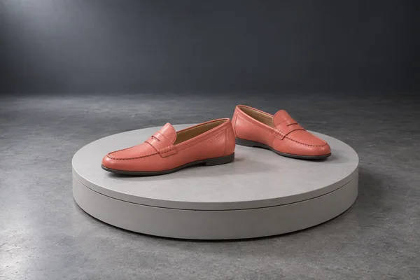 A pair of coral leather penny loafers sits on a broad, low pale-grey circular display platform in a slate-grey studio; one shoe points left and the other…