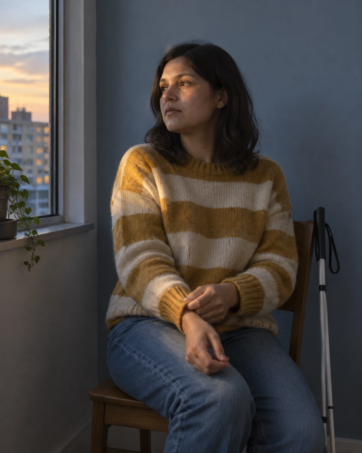 A woman in a striped ochre-and-cream sweater sits on a wooden chair beside an apartment window at dusk, tugging at one cuff as a white mobility cane leans…