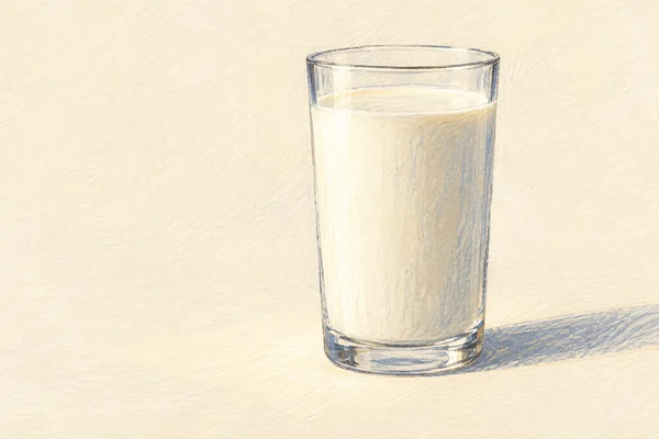 A clear, straight-sided glass nearly full of creamy white milk sits on a warm ivory surface, with a cool blue-gray shadow extending to the right.