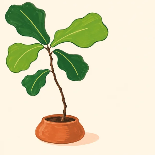 A hand-drawn fiddle leaf fig with five large green leaves and a long, curved brown stem growing from a wide terracotta pot, set against a warm cream background…