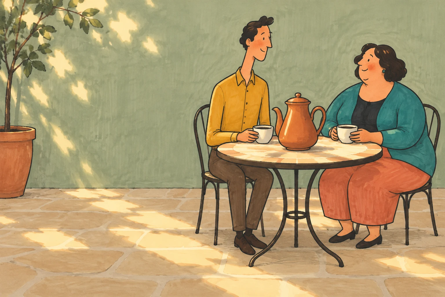 A man in a mustard shirt and a woman in a teal cardigan sit facing each other at a round courtyard table with two cups and a large terracotta coffee pot.