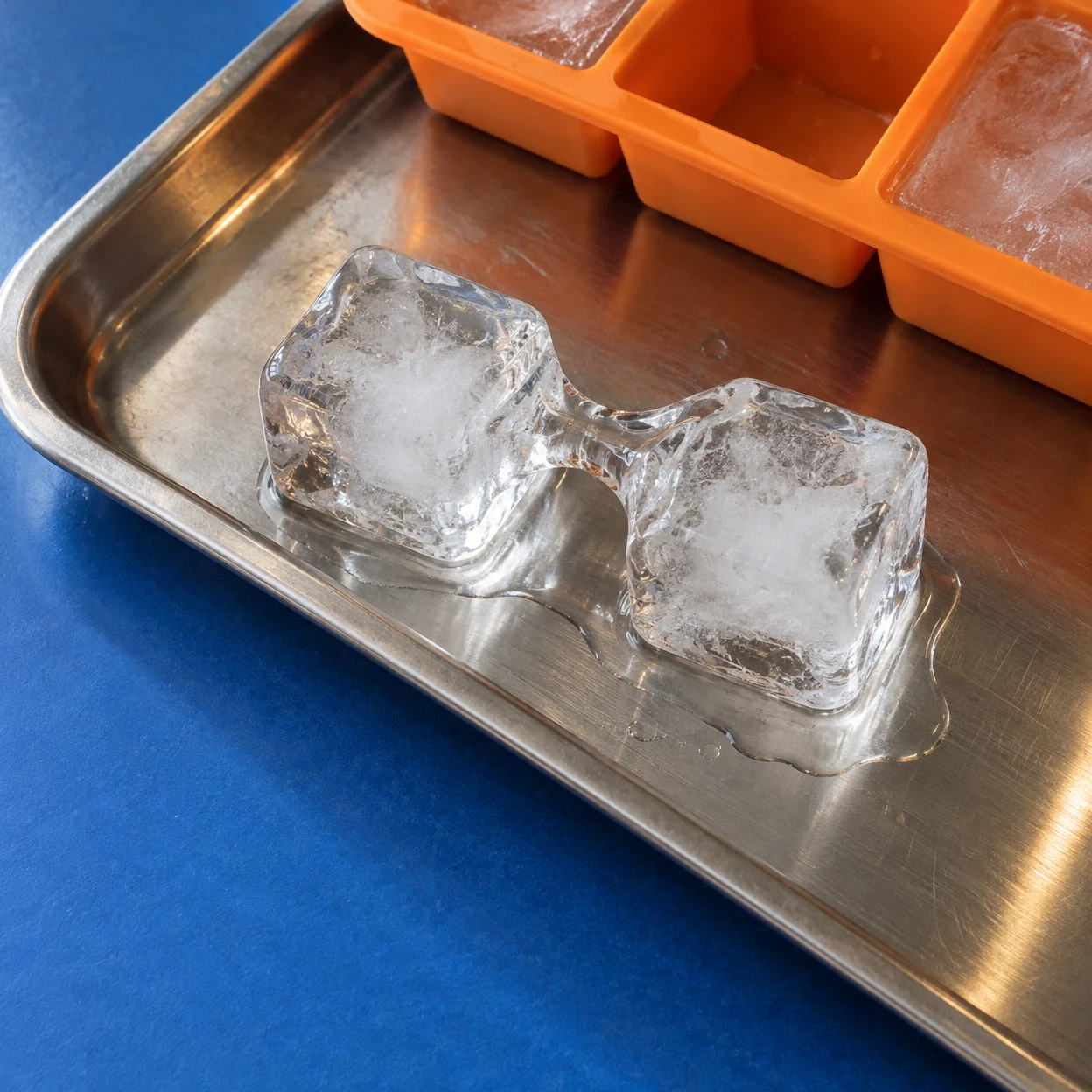 Two irregular, cloudy-centered ice cubes joined by a thin frozen bridge sit in meltwater on a diagonal stainless-steel tray over a cobalt-blue counter, with an…