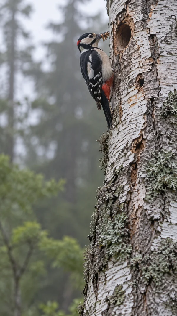 A great spotted woodpecker clings to a pale, lichen-covered birch trunk beside a dark nest hole, holding several tan grubs in its beak against a softly blurred…