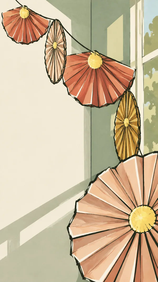 An illustrated paper garland with five coral, peach and ochre folded fans hangs across a sunroom corner, with glowing yellow centres, a muted sage wall and a…