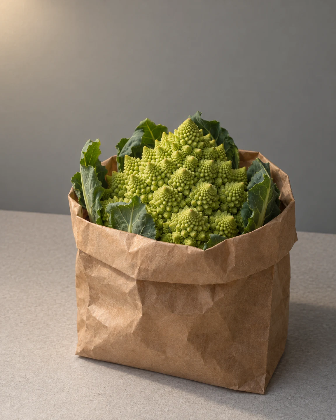 A lime-green romanesco with dark leafy edges sits in a folded brown paper grocery bag on a light-grey tabletop against a plain grey wall, lit warmly from the…