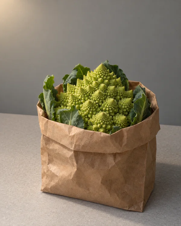 A lime-green romanesco with dark leafy edges sits in a folded brown paper grocery bag on a light-grey tabletop against a plain grey wall, lit warmly from the…