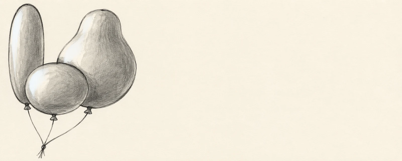 A hand-drawn graphite illustration of three overlapping gray balloons—a tall narrow oval, a low broad balloon, and a large pear-shaped balloon—clustered on the…