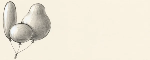 A hand-drawn graphite illustration of three overlapping gray balloons—a tall narrow oval, a low broad balloon, and a large pear-shaped balloon—clustered on the…