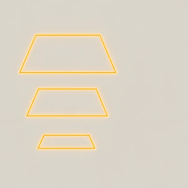 Three glowing amber trapezoidal outlines of decreasing size are stacked vertically on a pale warm-grey background, with broad empty space to the right.