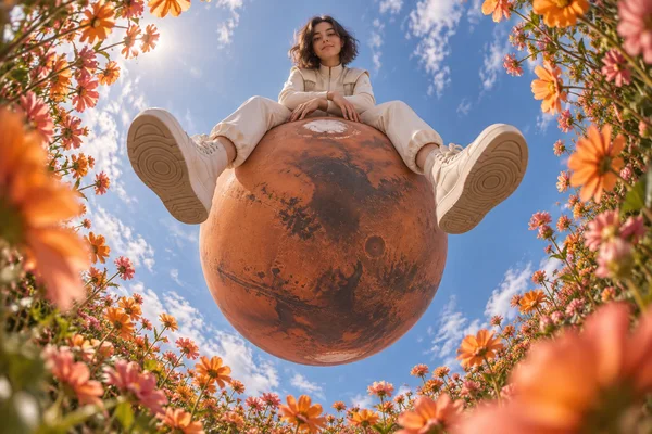 A person in cream clothing sits on a large rust-red Mars globe, looking down toward the camera with legs spread and sneaker soles facing the lens.