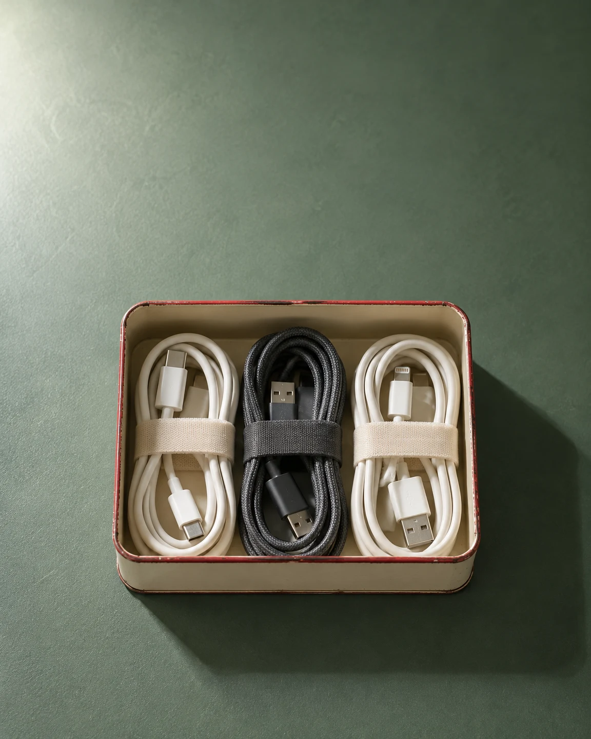 An open cream enamel tin with a faded red rim holds two ivory charging cables and one charcoal cable, each coiled and secured with a fabric strap.