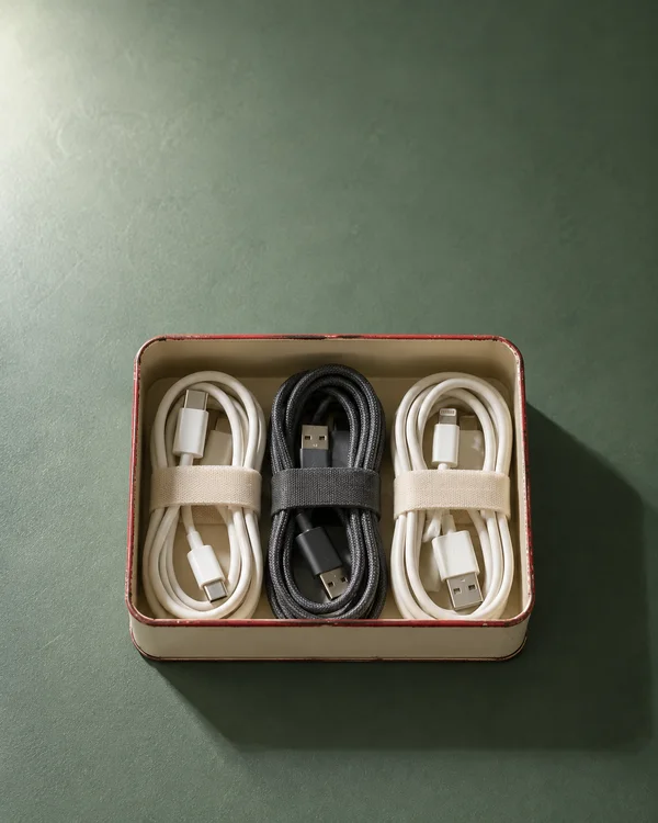 An open cream enamel tin with a faded red rim holds two ivory charging cables and one charcoal cable, each coiled and secured with a fabric strap.