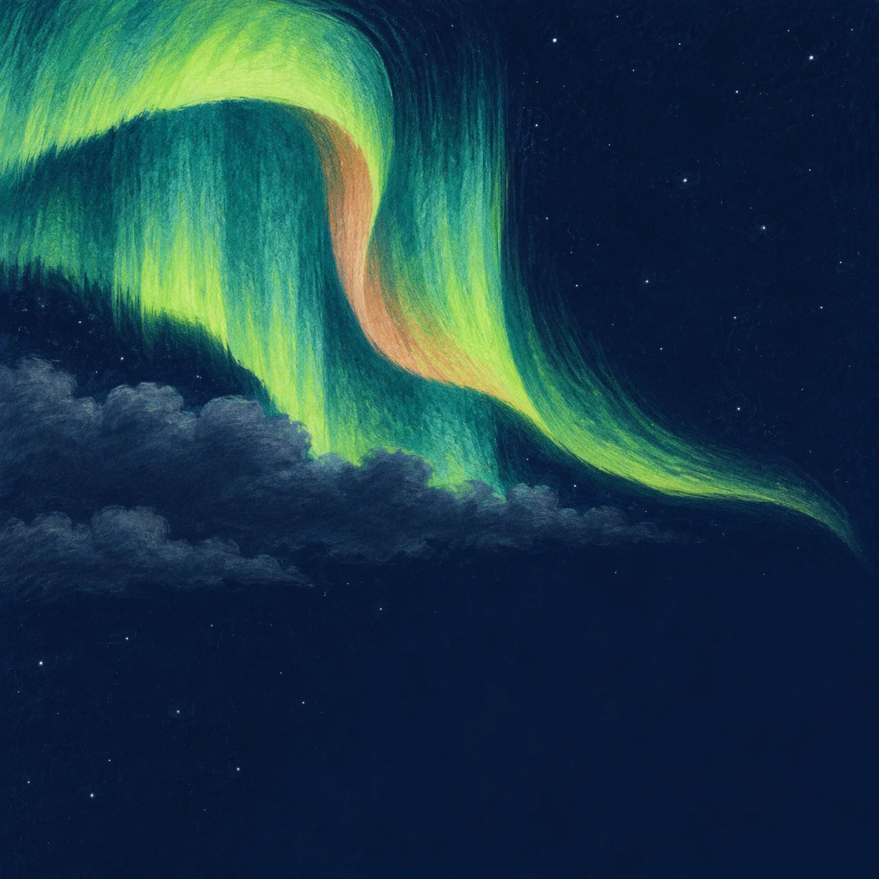 A broad lime-green and turquoise aurora with a muted peach fold curves across a star-speckled navy sky, above a low blue-gray cloud bank.