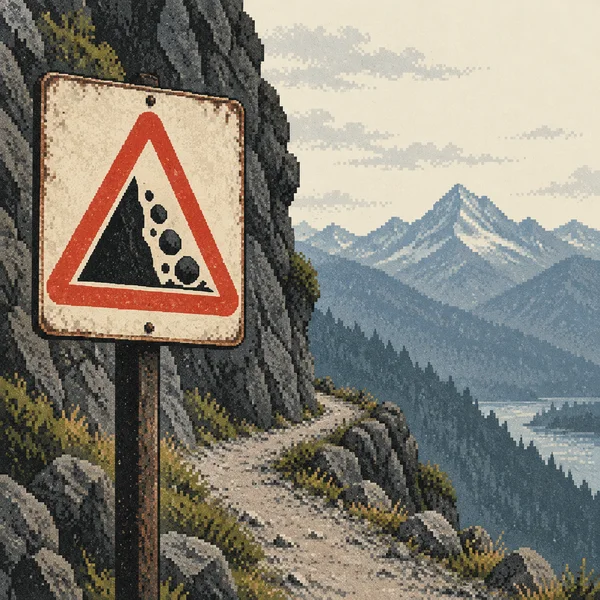 A weathered ivory warning board with a red rockfall symbol stands beside a winding mountain trail, with a dark cliff and layered blue mountains behind it.