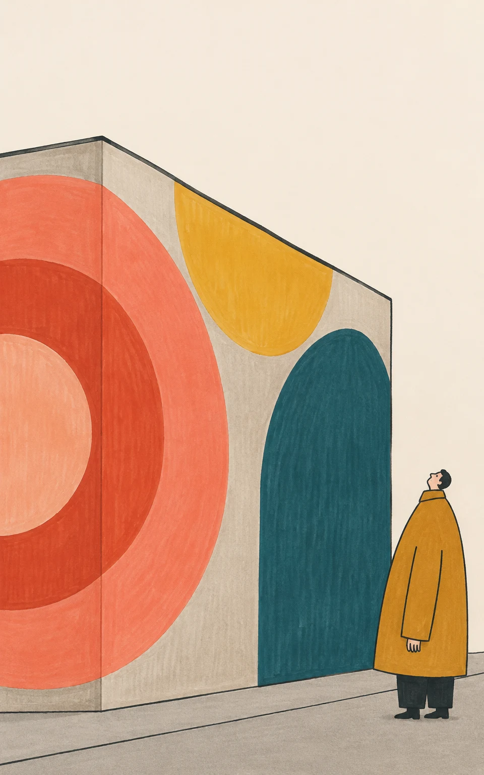 A geometric mural of coral nested circles, a mustard semicircle and a teal arch covers a warm-grey wall that turns around a corner.
