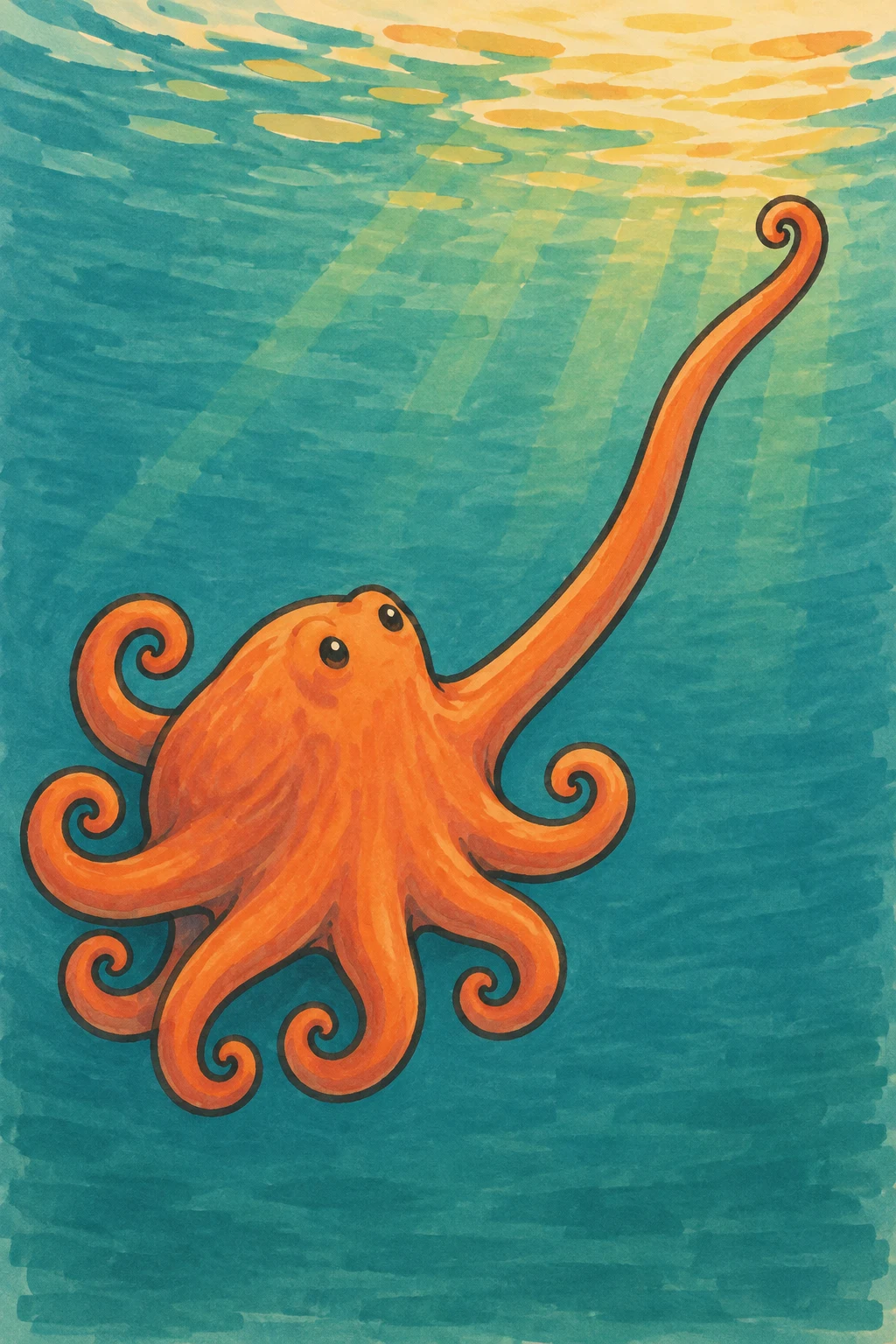 A coral-orange octopus with two dark upward-looking eyes floats in teal water, seven curled arms gathered around its broad body and one long arm reaching…