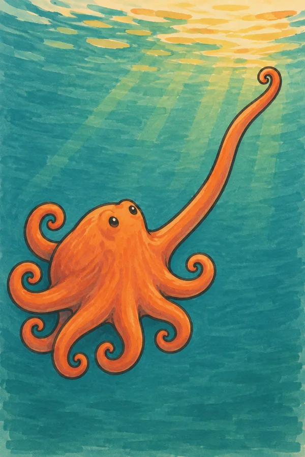 A coral-orange octopus with two dark upward-looking eyes floats in teal water, seven curled arms gathered around its broad body and one long arm reaching…