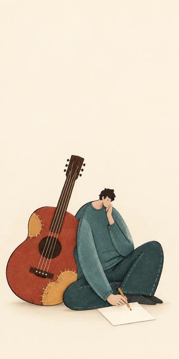 A seated person in muted teal clothing writes with a pencil on a blank cream sheet beside an oversized rust-colored acoustic guitar with two yellow repair…