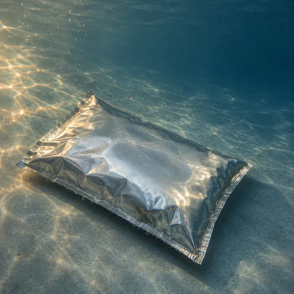 A reflective silver sealed mailer lies diagonally on a blue-grey underwater floor, with warm caustic light from the left, small bubbles nearby, and open blue…
