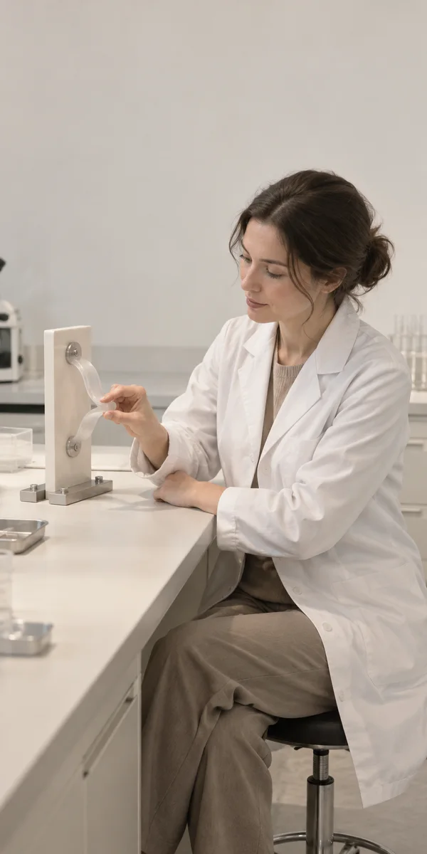 A seated researcher in an ivory lab coat gently flexes a translucent handle mounted to a vertical test panel on a pale laboratory bench, watching the material…