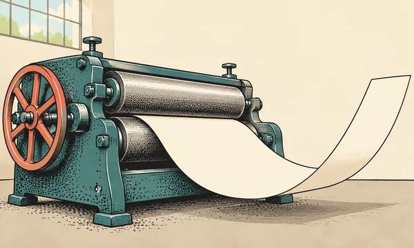 A large teal printing press with two cylindrical rollers and a coral side wheel stands in a cream-colored workshop; a blank strip of paper emerges from the…