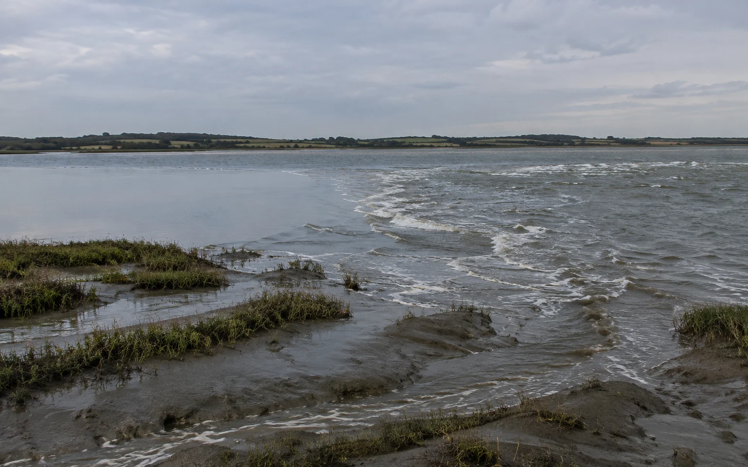A broad estuary beneath a pale grey overcast sky, with smoother water on the left meeting choppy, foamy ripples on the right; wet mud channels and clumps of…