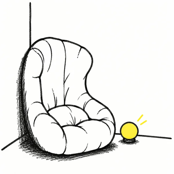 A large, deeply cushioned black-marker armchair with a tall curved back sits against a few wall-and-floor corner lines.