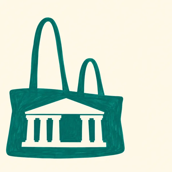 A broad teal tote with two unequal loop handles sits against a warm cream background.