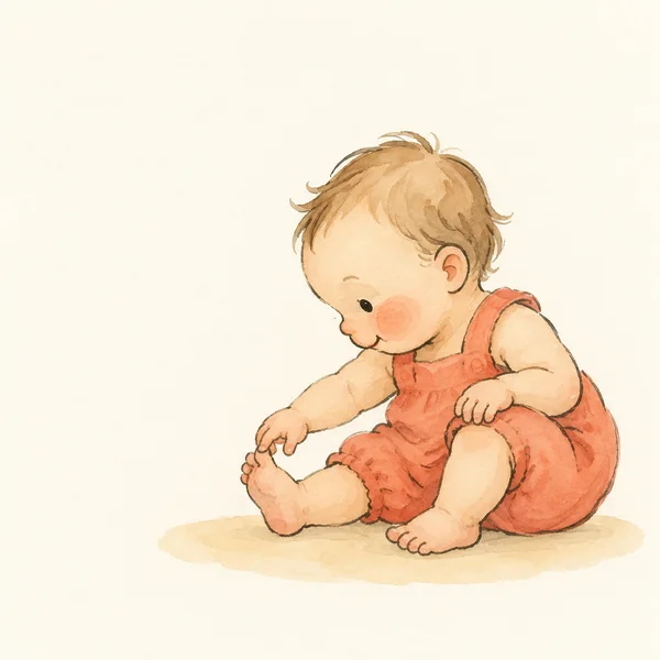 A watercolour illustration of an infant in a coral romper, seated on a pale sandy wash and leaning forward to touch the toes of one bare foot.