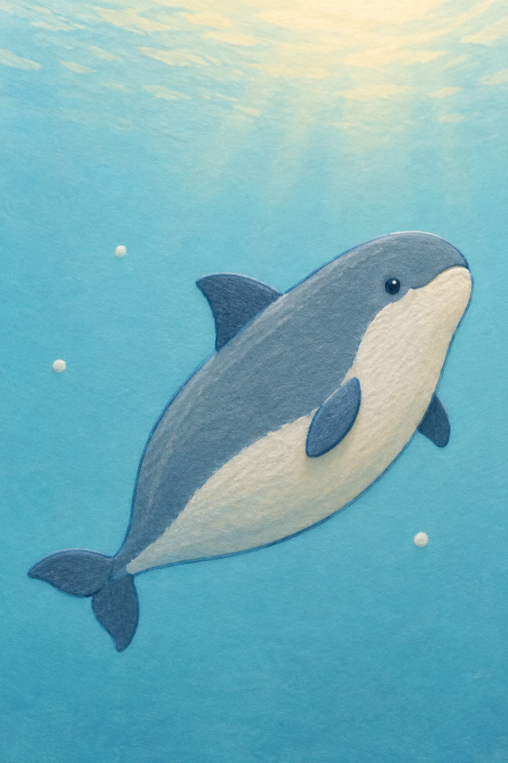 A plump blue-grey and cream porpoise swims diagonally upward to the right through turquoise water, with three ivory flecks and a pale warm wash near the top.