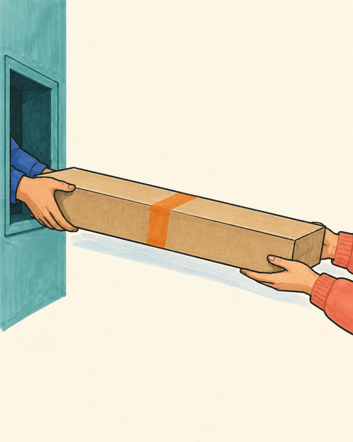 A long kraft-brown parcel with an orange tape band is passed through a teal pickup hatch, supported by one hand from inside and two coral-sleeved hands at the…