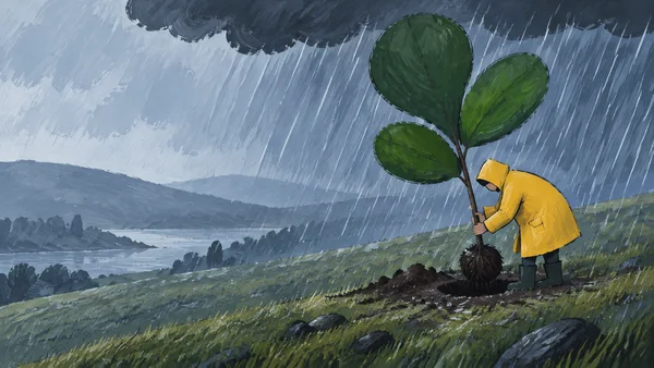 A person in a mustard-yellow raincoat bends to hold a young tree above a dark patch of earth on a rain-soaked hillside, with a large three-part green crown…