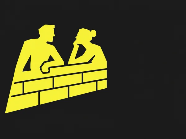 A bright yellow angular emblem shows two human profiles facing each other across a segmented wall, set against a dark charcoal background with open space on…